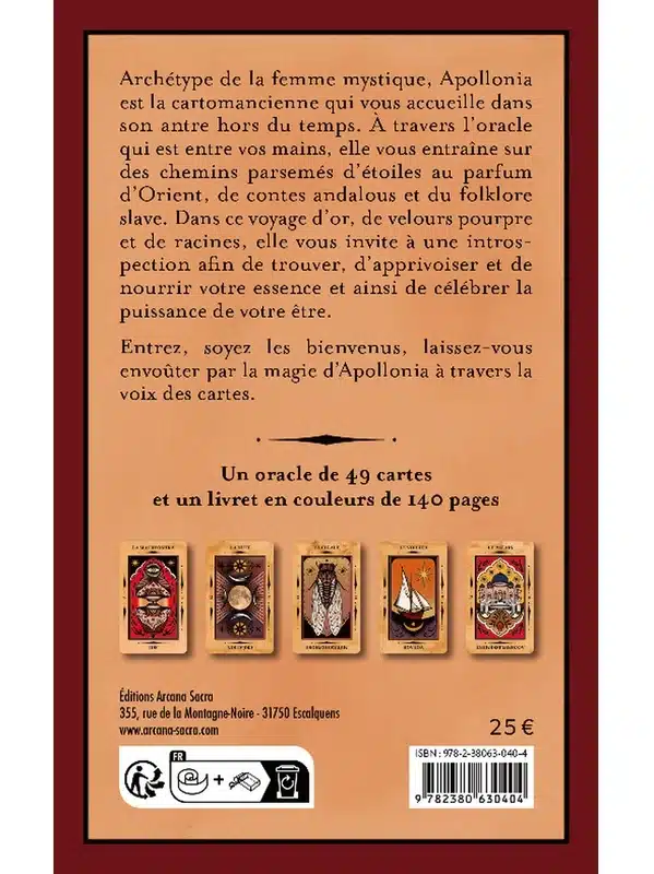 Verso du boitier de l'oracle Apollonia avec descriptif et exemples de cartes